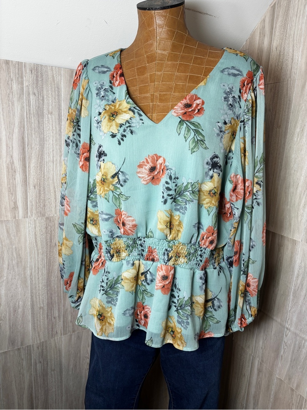 Philosophy Republic Clothing Mint Floral Mocked Peplum Blouse XL